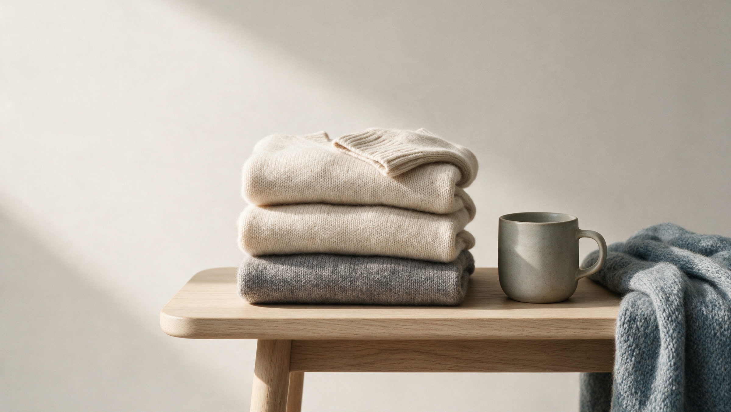 A HALDEN atelier: folded knitwear on a workbench beside a lime-washed wall.